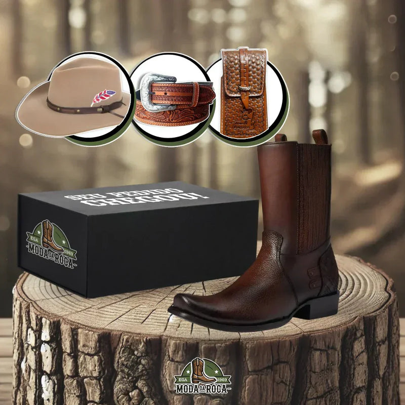 Kit Bota Maverick Masculino com 3 Brindes – Cinto, Chapéu e Carteira