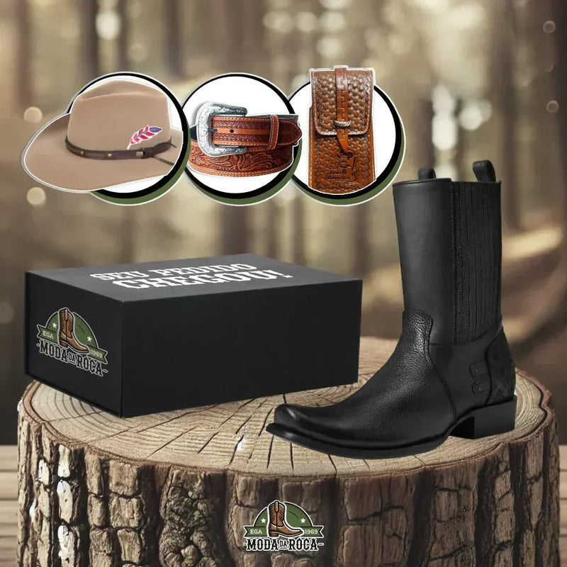 Kit Bota Maverick Masculino com 3 Brindes – Cinto, Chapéu e Carteira